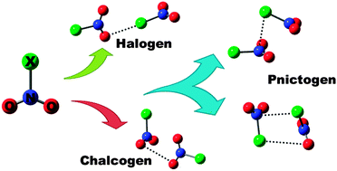 Graphical abstract: Halogen, chalcogen and pnictogen interactions in (XNO2)2 homodimers (X = F, Cl, Br, I)