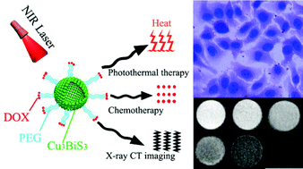 Graphical abstract: PEGylated Cu3BiS3 hollow nanospheres as a new photothermal agent for 980 nm-laser-driven photothermochemotherapy and a contrast agent for X-ray computed tomography imaging