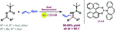 Graphical abstract: Copper-catalyzed asymmetric allylation of chiral N-tert-butanesulfinyl imines: dual stereocontrol with nearly perfect diastereoselectivity