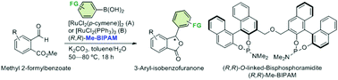 Graphical abstract: Enantioselective addition of arylboronic acids to methyl 2-formylbenzoates by using a ruthenium/Me-BIPAM catalyst for synthesis of chiral 3-aryl-isobenzofuranones