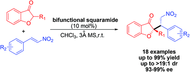 Graphical abstract: Highly enantioselective Michael addition reactions of 2-substituted benzofuran-3(2H)-ones to nitroolefins