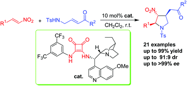 Graphical abstract: Squaramide-catalysed asymmetric cascade aza-Michael/Michael addition reaction for the synthesis of chiral trisubstituted pyrrolidines
