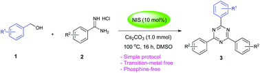 Graphical abstract: NIS-catalyzed oxidative cyclization of alcohols with amidines: a simple and efficient transition-metal free method for the synthesis of 1,3,5-triazines