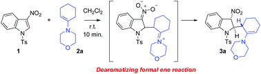 Graphical abstract: Addition of 4-(cyclohex-1-en-1-yl)morpholine on 3-nitroindole: an unprecedented dearomatizing process