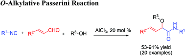 Graphical abstract: AlCl3-catalyzed O-alkylative Passerini reaction of isocyanides, cinnamaldehydes and various aliphatic alcohols for accessing α-alkoxy-β,γ-enamides