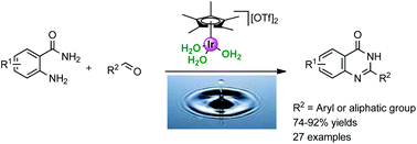 Graphical abstract: Acceptorless dehydrogenative condensation of o-aminobenzamides with aldehydes to quinazolinones in water catalyzed by a water-soluble iridium complex [Cp*Ir(H2O)3][OTf]2