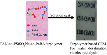 Graphical abstract: Poly(acrylonitrile-co-styrene sodium sulfonate-co-n-butyl acrylate) terpolymer based cation exchange membrane for water desalination via electrodialysis