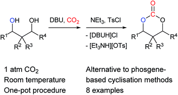 Graphical abstract: Synthesis of 6-membered cyclic carbonates from 1,3-diols and low CO2 pressure: a novel mild strategy to replace phosgene reagents