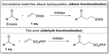 Graphical abstract: Pentafluorophenyl vinyl sulfonate enables efficient, metal-free, radical-based alkene hydroacylation with an aldehyde as a limiting reagent