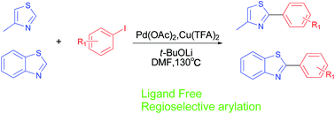 Graphical abstract: Pd/Cu-cocatalyzed reigoselective arylation of thiazole derivatives at 2-position under ligand-free conditions