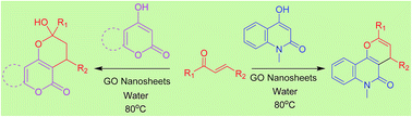 Graphical abstract: Graphene oxide nanosheets: a highly efficient and reusable carbocatalyst catalyzes the Michael-cyclization reactions of 4-hydroxycoumarins, 4-hydroxypyrone and 4-hydroxy-1-methylquinolinone with chalcone derivatives in aqueous media