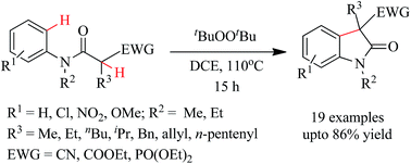 Graphical abstract: Di-tert-butyl peroxide (DTBP) promoted dehydrogenative coupling: an expedient and metal-free synthesis of oxindoles via intramolecular C(sp2)–H and C(sp3)–H bond activation