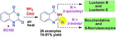 Graphical abstract: A catalyst-free rapid, practical and general synthesis of 2-substituted quinazolin-4(3H)-ones leading to luotonin B and E, bouchardatine and 8-norrutaecarpine