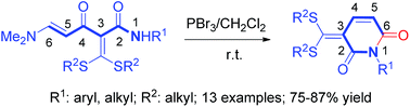 Graphical abstract: PBr3-mediated [5 + 1] annulation of α-alkenoyl-α-carbamoyl ketene-S,S-acetals: access to substituted pyridine-2,6(1H,3H)-diones