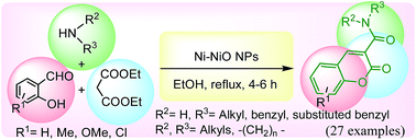 Graphical abstract: An efficient three-component synthesis of coumarin-3-carbamides by use of Ni–NiO nanoparticles as magnetically separable catalyst