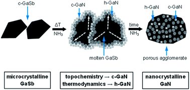 Graphical abstract: Ammonolytical conversion of microcrystalline gallium antimonide GaSb to nanocrystalline gallium nitride GaN: thermodynamics vs. topochemistry