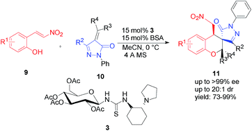 Graphical abstract: Asymmetric synthesis of spiro[chroman-3,3′-pyrazol] scaffolds with an all-carbon quaternary stereocenter via a oxa-Michael–Michael cascade strategy with bifunctional amine-thiourea organocatalysts