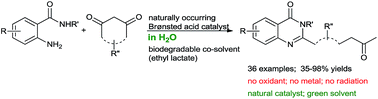 Graphical abstract: Brønsted acid-catalyzed selective C–C bond cleavage of 1,3-diketones: a facile synthesis of 4(3H)-quinazolinones in aqueous ethyl lactate