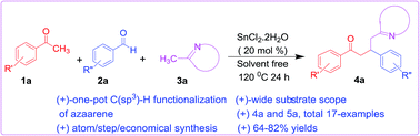 Graphical abstract: Solvent free one-pot multi-component synthesis of β-azaarene substituted ketones via a Sn-catalyzed C(sp3)–H functionalization of 2-alkylazaarenes