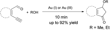Graphical abstract: Gold-catalyzed tandem cycloisomerization/Petasis–Ferrier rearrangement: a direct route to 3-alkoxyindanones from enynals and alcohols