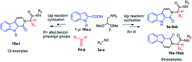 Graphical abstract: Diversity oriented synthesis of β-carbolinone and indolo-pyrazinone analogues based on an Ugi four component reaction and subsequent cyclisation of the resulting indole intermediate