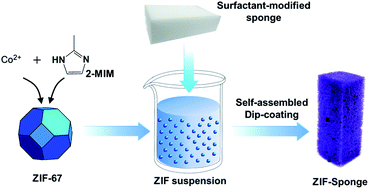 Graphical abstract: A zeolitic imidazole framework (ZIF)–sponge composite prepared via a surfactant-assisted dip-coating method
