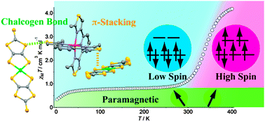 Graphical abstract: Novel Fe(ii) spin crossover complexes involving a chalcogen-bond and π-stacking interactions with a paramagnetic and nonmagnetic M(dmit)2 anion (M = Ni, Au; dmit = 4,5-dithiolato-1,3-dithiole-2-thione)