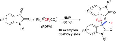 Graphical abstract: Synthesis of 3-fluoroalkenyl-3-trifluoromethyl-2-oxindoles by the reaction of indoline-2,3-diones with difluoromethylene phosphabetaine