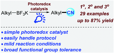 Graphical abstract: Deboronative cyanation of potassium alkyltrifluoroborates via photoredox catalysis