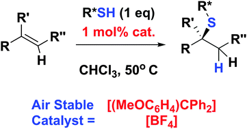 Graphical abstract: The air-stable carbocation salt [(MeOC6H4)CPh2][BF4] in Lewis acid catalyzed hydrothiolation of alkenes
