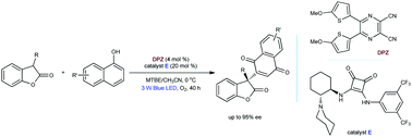 Graphical abstract: Organocatalytic asymmetric formal arylation of benzofuran-2(3H)-ones with cooperative visible light photocatalysis