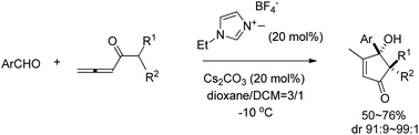 Graphical abstract: Diastereoselective construction of cyclopent-2-enone-4-ols from aldehydes and 1,2-allenones catalyzed by N-heterocyclic carbene