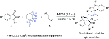 Graphical abstract: Direct N–H/α,α,β,β-C(sp3)–H functionalization of piperidine via an azomethine ylide route: synthesis of spirooxindoles bearing 3-substituted oxindoles