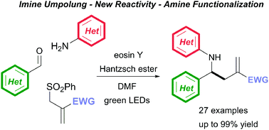 Graphical abstract: Umpolung synthesis of branched α-functionalized amines from imines via photocatalytic three-component reductive coupling reactions