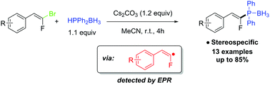 Graphical abstract: Transition metal-free stereospecific access to (E)-(1-fluoro-2-arylvinyl)phosphine borane complexes