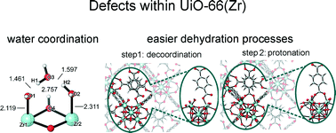Graphical abstract: Water coordination and dehydration processes in defective UiO-66 type metal organic frameworks