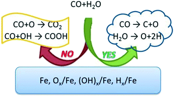Graphical abstract: Reaction of CO, H2O, H2 and CO2 on the clean as well as O, OH and H precovered Fe(100) and Fe(111) surfaces