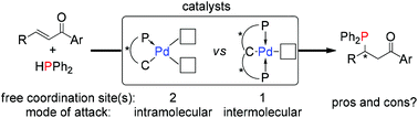 Graphical abstract: Mechanistic insights into the role of PC- and PCP-type palladium catalysts in asymmetric hydrophosphination of activated alkenes incorporating potential coordinating heteroatoms