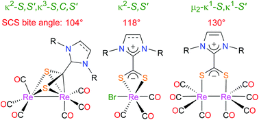 Graphical abstract: Synthesis, characterization, and gas-phase fragmentation of rhenium–carbonyl complexes bearing imidazol(in)ium-2-dithiocarboxylate ligands