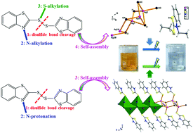 Graphical abstract: A simultaneous disulfide bond cleavage, N,S-bialkylation/N-protonation and self-assembly reaction: syntheses, structures and properties of two hybrid iodoargentates with thiazolyl-based heterocycles