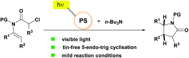 Graphical abstract: Tin-free visible light photoredox catalysed cyclisation of enamides as a mild procedure for the synthesis of γ-lactams