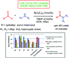 Graphical abstract: An efficient and mild oxidative amidation of aldehydes using B(C6F5)3 as a catalyst and biological evaluation of the products as potential antimicrobial agents