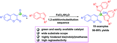 Graphical abstract: A FeCl3-catalyzed highly regioselective 1,2-addition/substitution sequence for the construction of coumarin-substituted bis(indolyl)methanes