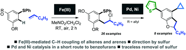 Graphical abstract: Iron-mediated oxidative C–H coupling of arenes and alkenes directed by sulfur: an expedient route to dihydrobenzofurans