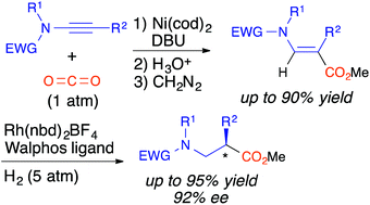 Graphical abstract: Enantioselective synthesis of β-amino acid derivatives via nickel-promoted regioselective carboxylation of ynamides and rhodium-catalyzed asymmetric hydrogenation