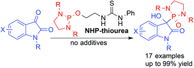 Graphical abstract: Catalyst-free synthesis of α1-oxindole-α-hydroxyphosphonates via phospha-aldol reaction of isatins employing N-heterocyclic phosphine (NHP)-thiourea