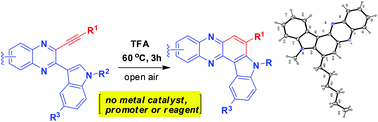 Graphical abstract: Metal catalyst free cyclization of 3-alkynyl substituted 2-(indol-3-yl)quinoxalines in TFA alone: a new synthesis of indolophenazines