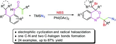 Graphical abstract: Electronic halocyclization and radical haloazidation of benzene-linked 1,7-dienes for the synthesis of functionalized 3,1-benzoxazines