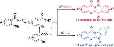 Graphical abstract: An I2-mediated cascade reaction of 2′-bromoacetophenones with benzohydrazides/benzamides leading to quinazolino[3,2-b]cinnoline or tryptanthrin derivatives