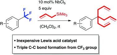 Graphical abstract: Niobium(v)-catalyzed defluorinative triallylation of α,α,α-trifluorotoluene derivatives by triple C–F bond activation